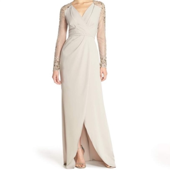 {Pamella Roland} Beaded Sleeve Wrap Column Gown - Picture 2 of 8